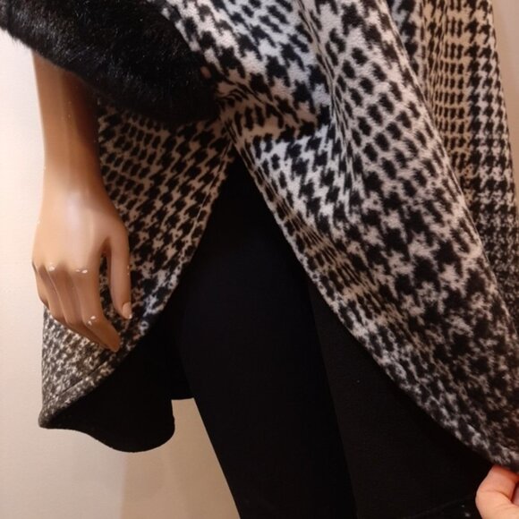 Marina Luna Houndstooth Cloak Winter Fleece Cape Poncho Coat Faux Fur Trim L XL - Picture 12 of 15